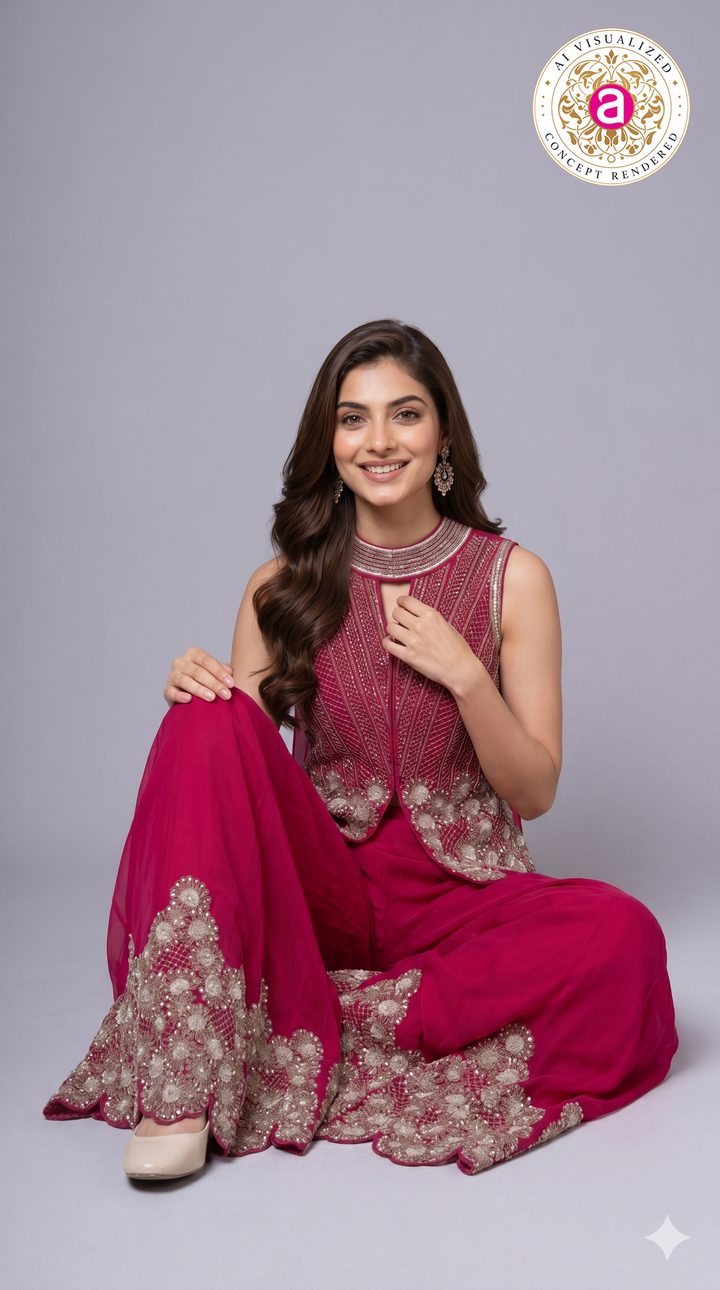 Rani Pink Embroidered Palazzo Set with Statement Jacket Top