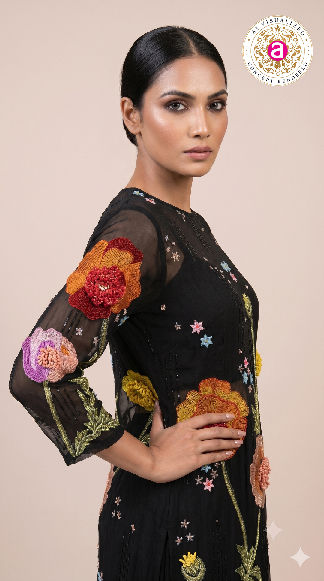 Black Floral Embroidered Kurta Set with Palazzo