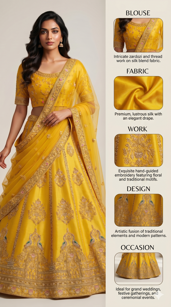 Mustard Yellow Designer Silk Lehenga Set with Heavy Zari Embroidery & Net Dupatta