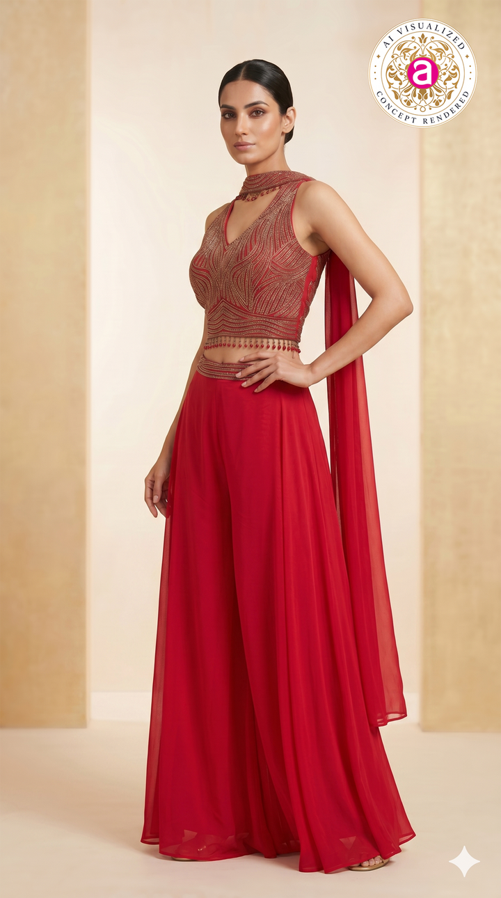 Ruby Red Embellished Palazzo Set with Cape Dupatta