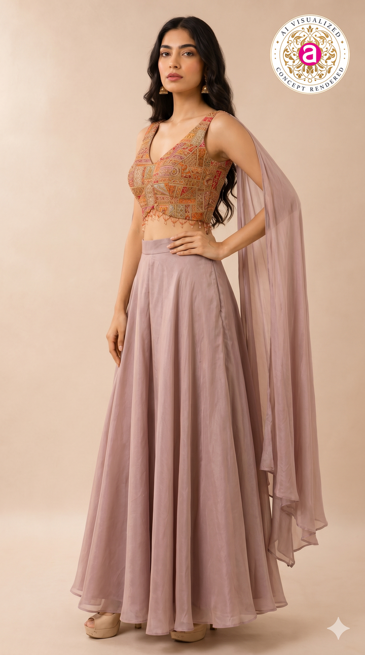 Mauve Palazzo Set with Multicolour Embroidered Blouse & Cape Dupatta