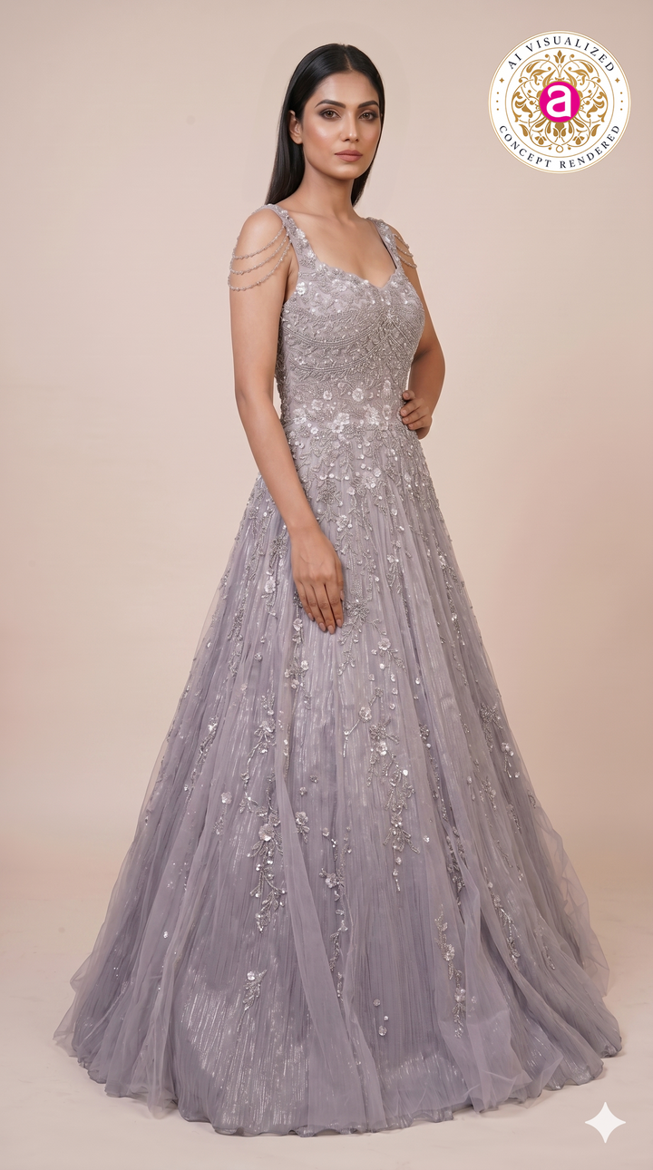 Lilac Silver Embroidered Princess Ball Gown with Crystal Shoulder Chains