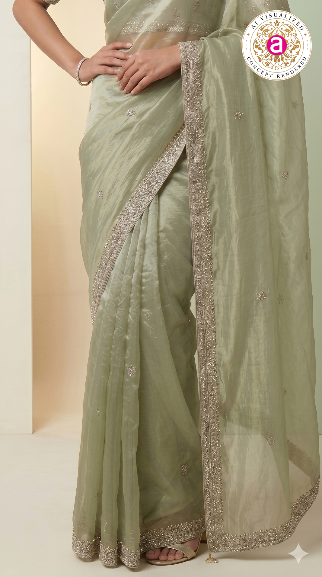 Sage Green Organza Silk Saree with Hand Embroidered Border