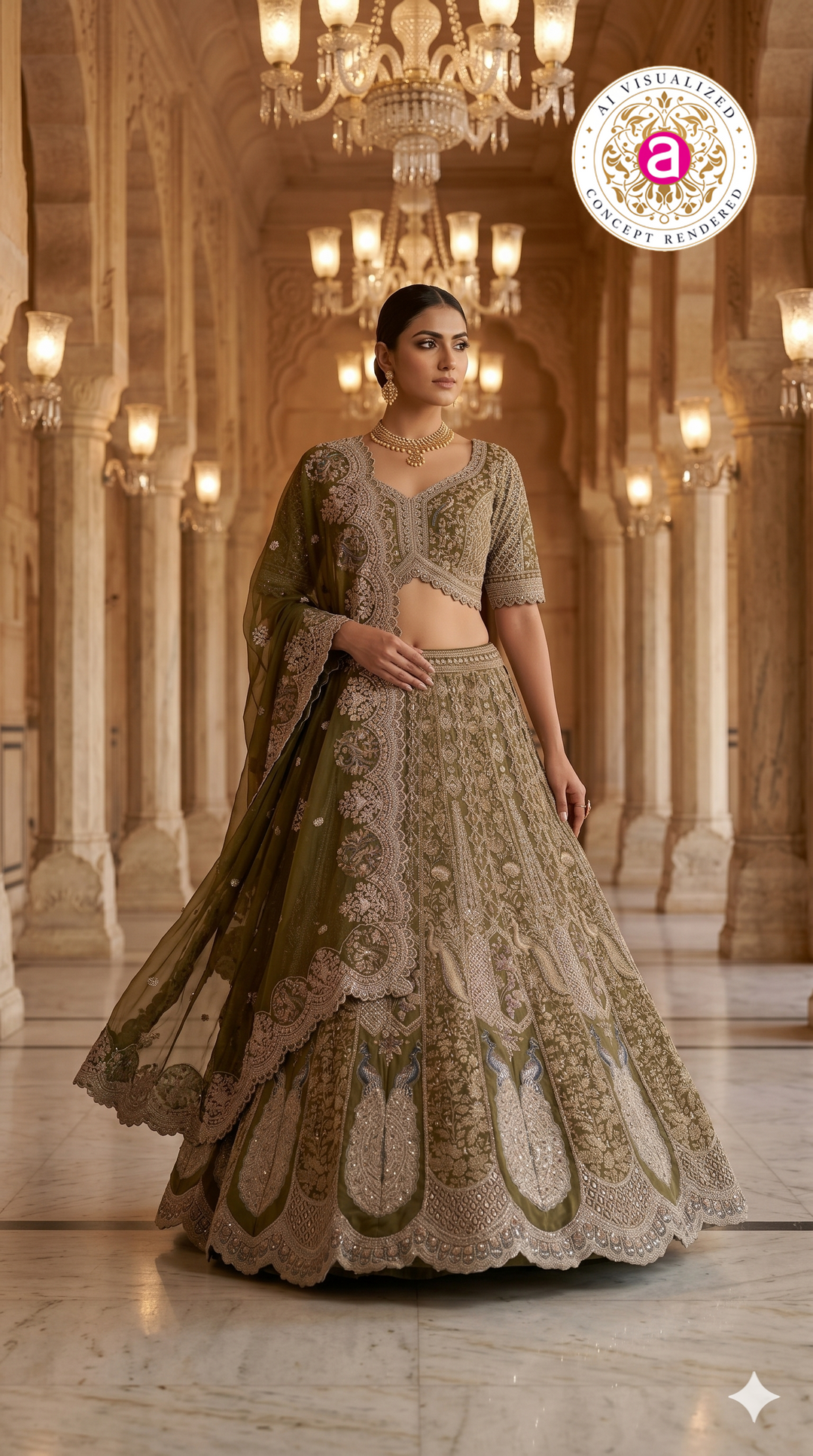 Olive Green Designer Bridal Lehenga Set with Heavy Embroidery & Elegant Dupatta