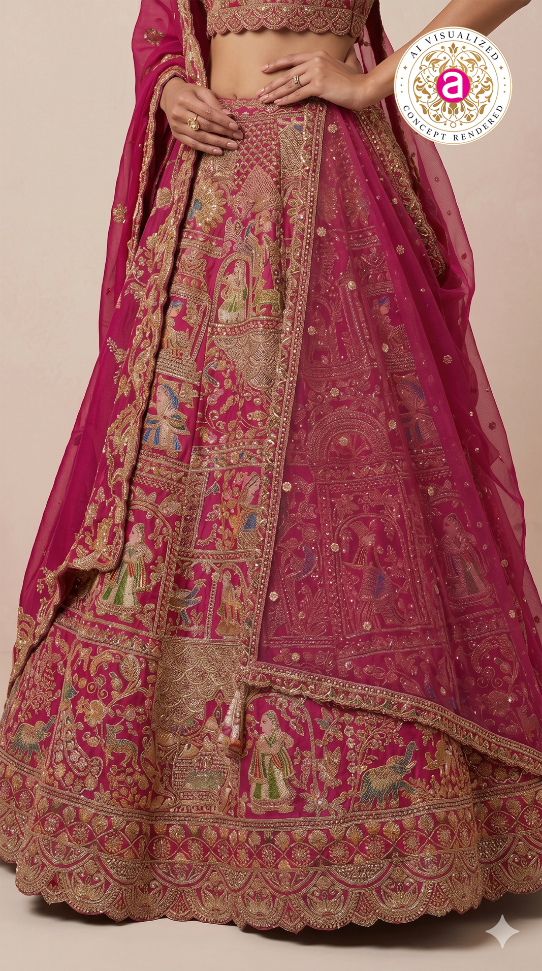 Rani Pink Royal Bridal Lehenga Set with Heritage Motif Embroidery & Designer Net Dupatta