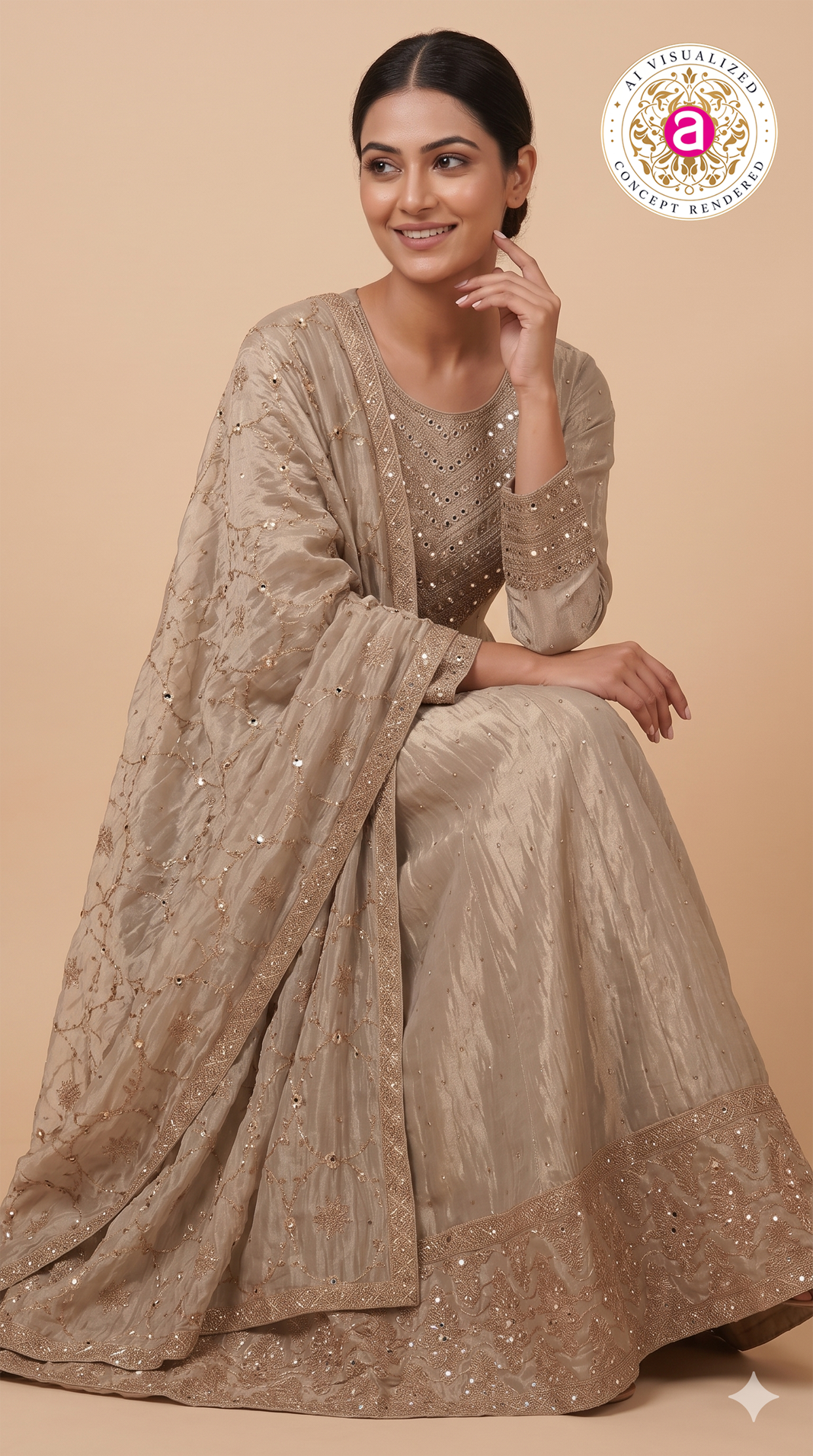 Champagne Beige Embroidered Anarkali Suit Set with Dupatta