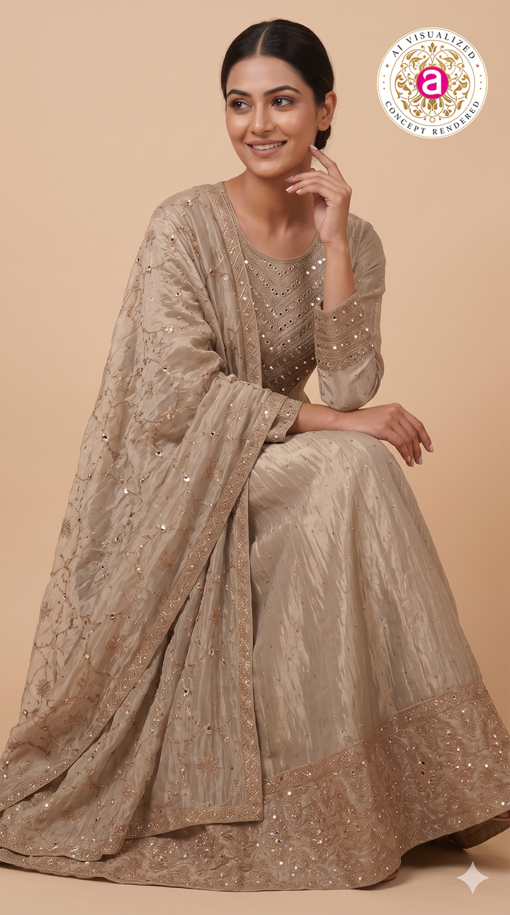 Champagne Beige Embroidered Anarkali Suit Set with Dupatta