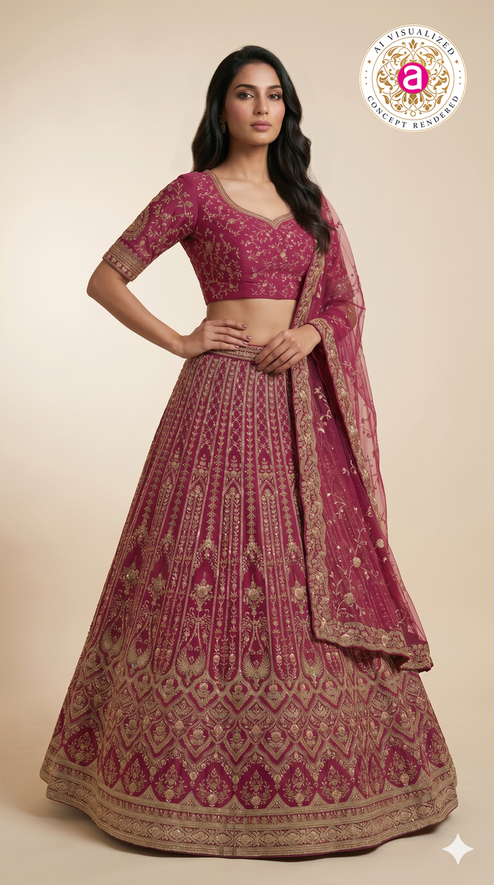 Royal Magenta Bridal Lehenga Set with Intricate Zari Embroidery & Net Dupatta