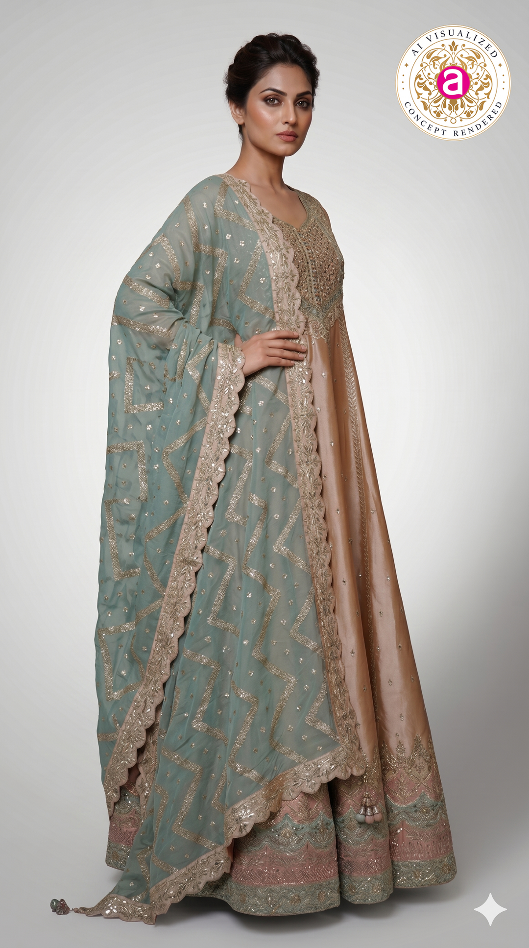 Champagne Gold Anarkali Suit Set with Embroidered Dupatta