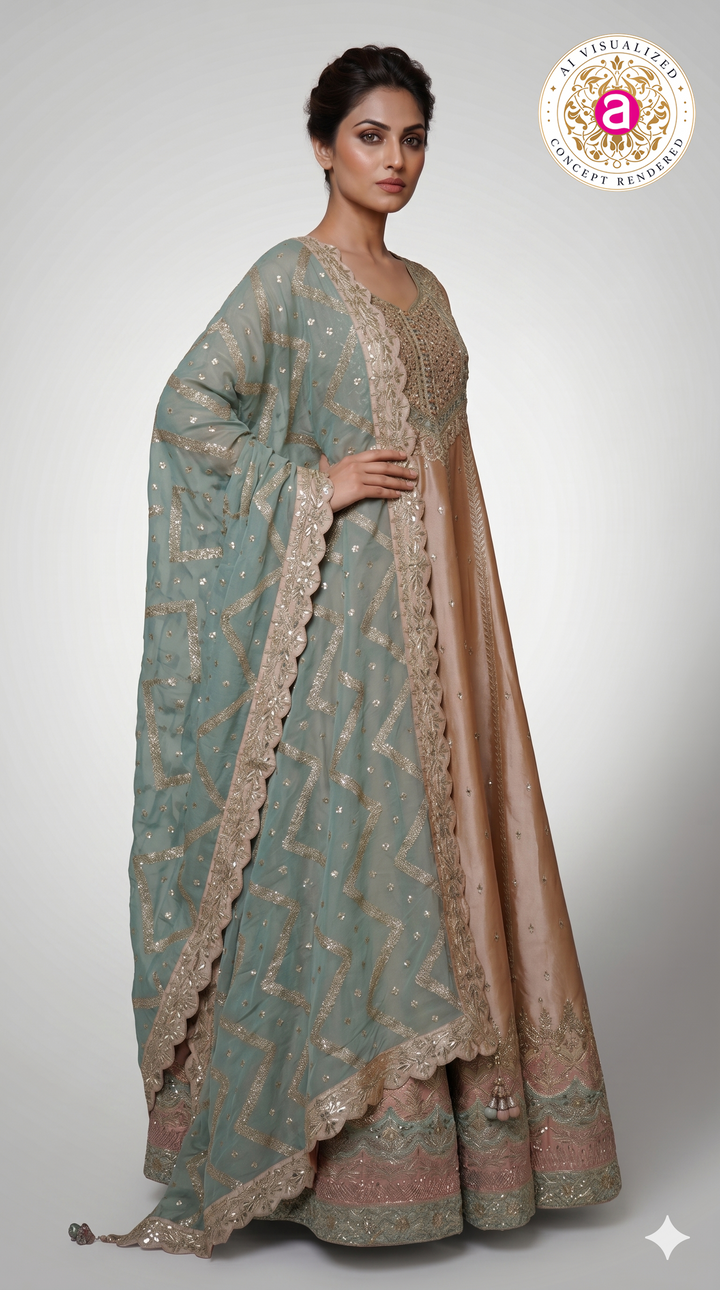 Champagne Gold Anarkali Suit Set with Embroidered Dupatta
