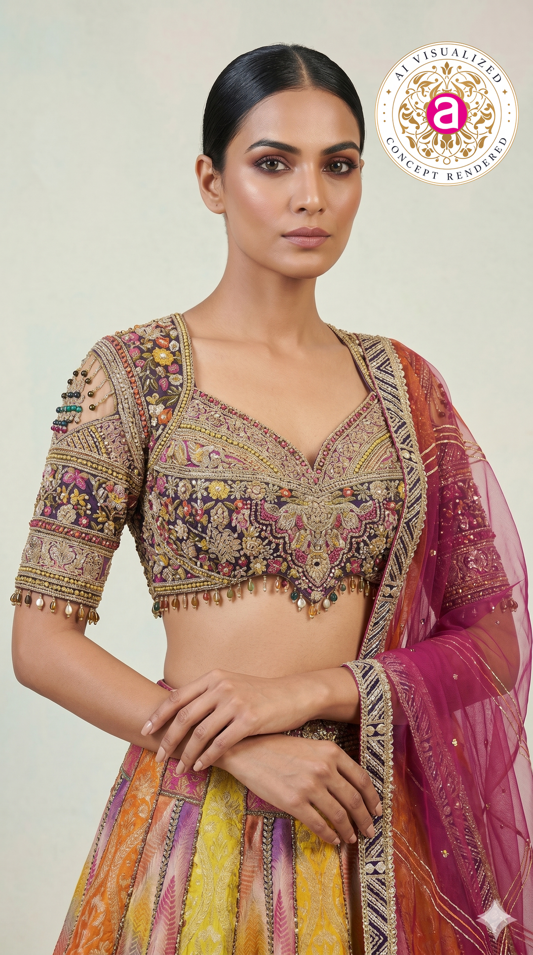 Multicolour Woven Designer Lehenga Choli with Heavy Embroidered Blouse & Pink Net Dupatta