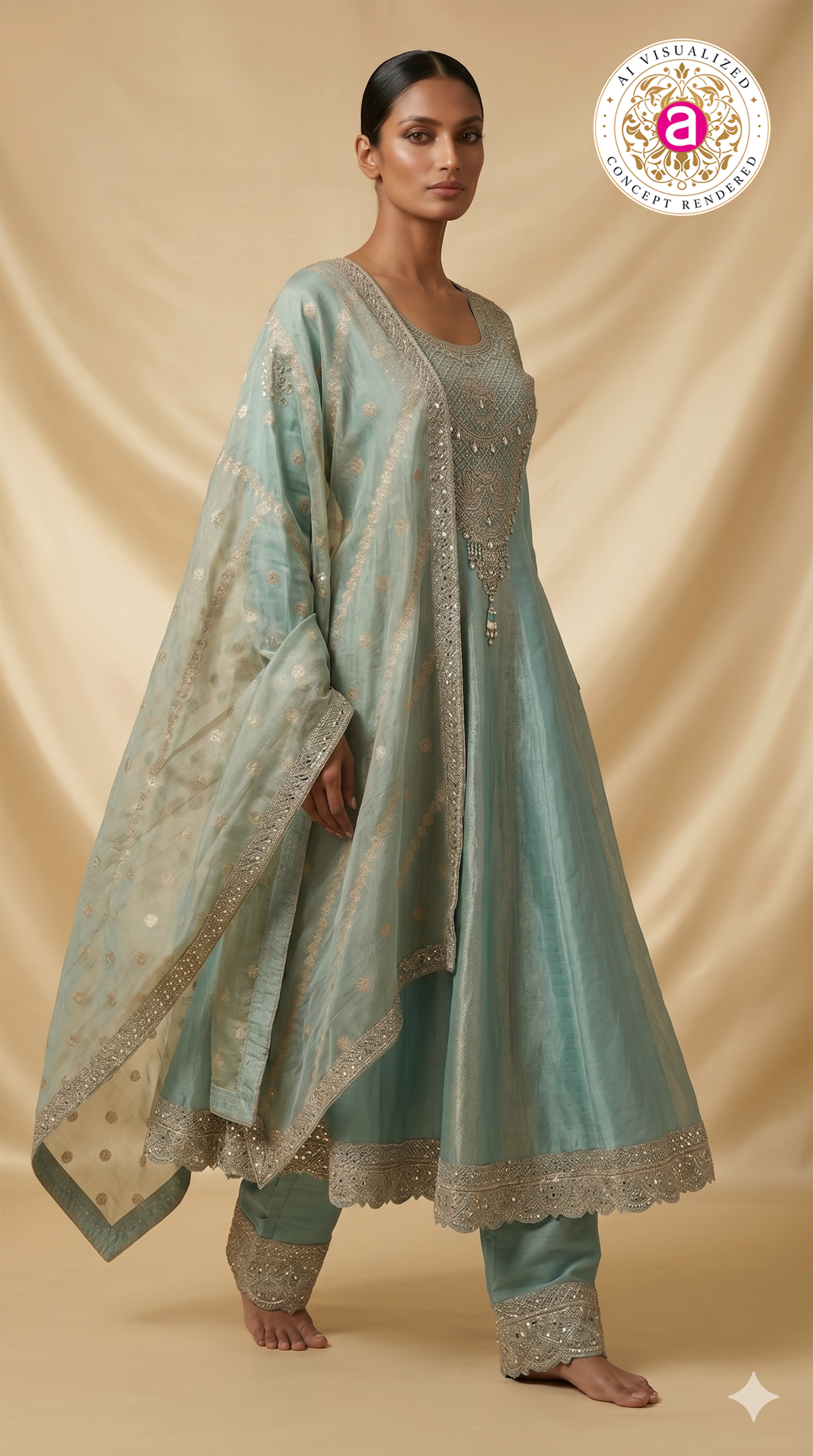 Sea Green Embroidered Anarkali Suit Set with Dupatta