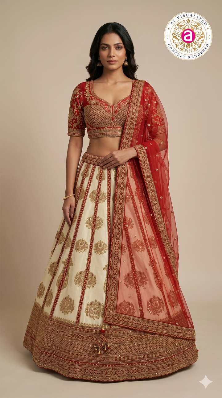Ivory White & Ruby Red Designer Embroidered Lehenga Set with Organza Dupatta