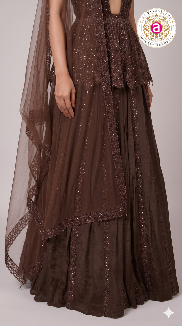 Chocolate Brown Embellished Peplum Lehenga Set with Sheer Dupatta