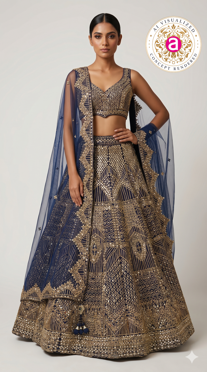 Royal Navy Blue Heavy Embroidered Designer Lehenga Choli with Net Dupatta