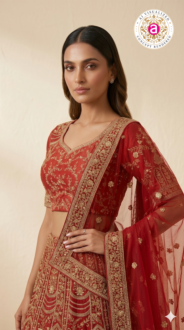 Bridal Red Designer Lehenga Set with Heavy Zari Embroidery & Net Dupatta