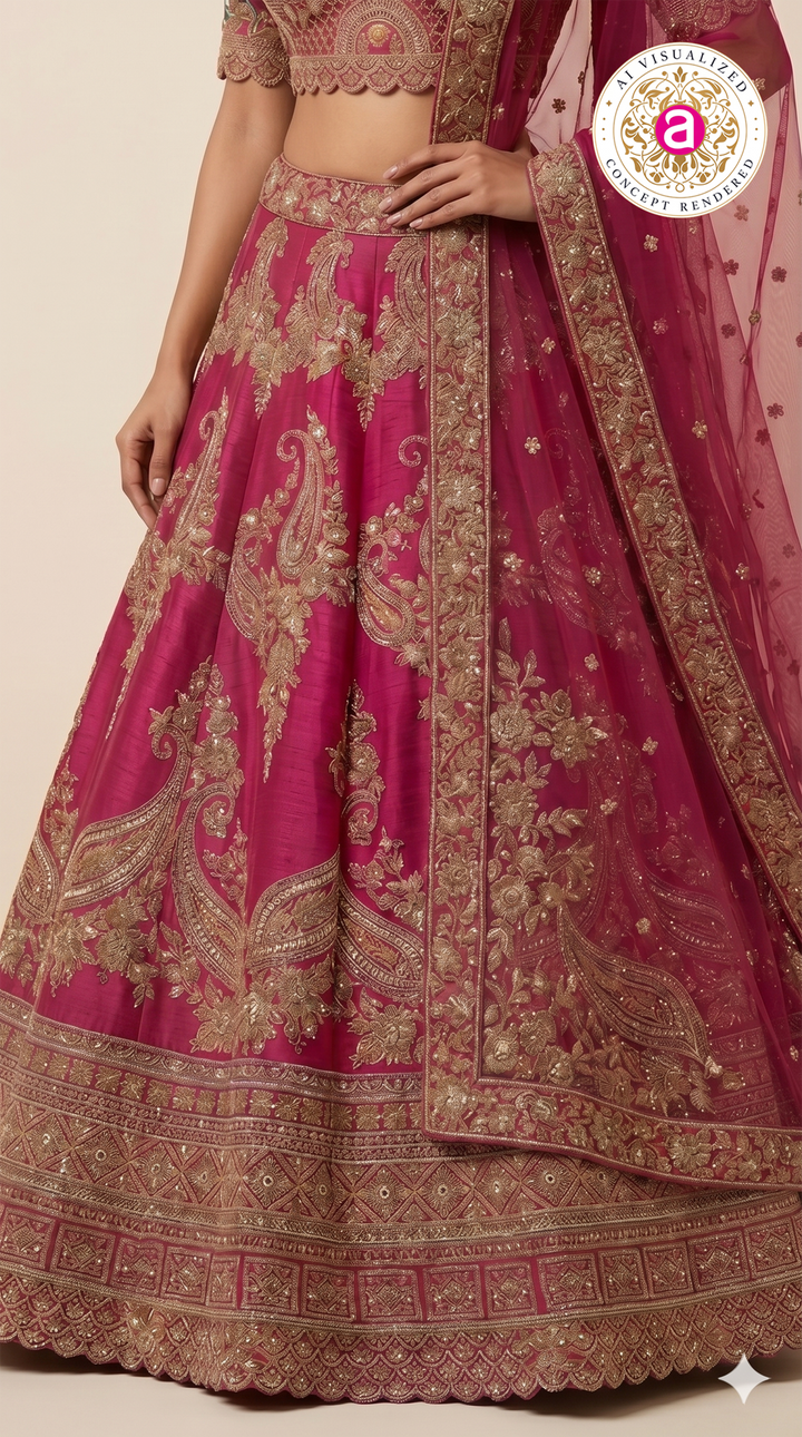 Rani Pink Designer Bridal Lehenga Set with Paisley Zari Embroidery & Embellished Net Dupatta