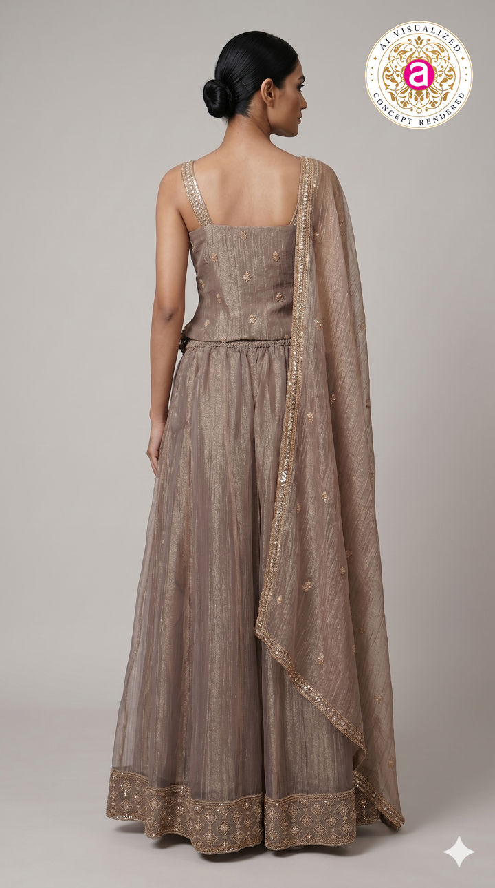 Taupe Beige Embellished Palazzo Set with Handworked Bodice & Designer Dupatta