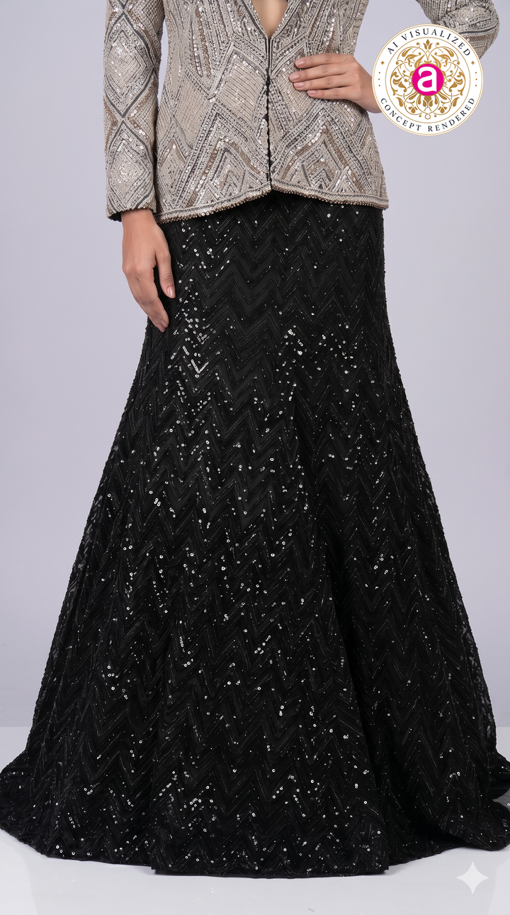 Silver Embellished Structured Jacket with Black Sequin Mermaid Skirt Set