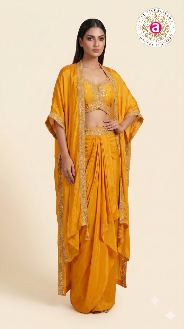 Mustard Yellow Embellished Dhoti Skirt Set with Cape