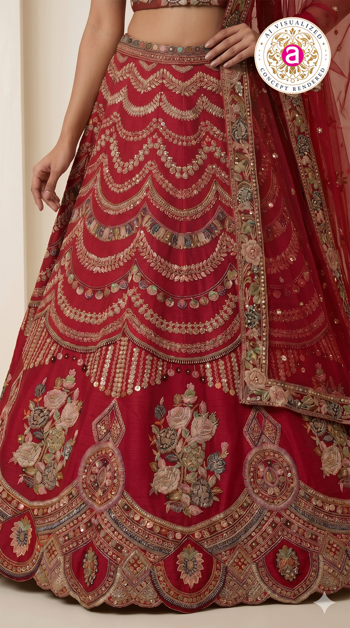 Ruby Red Designer Bridal Lehenga Set with Floral Embroidery & Ornate Zari Detailing
