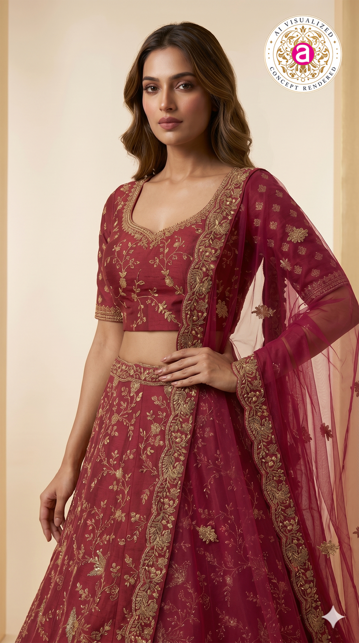 Royal Crimson Red Bridal Lehenga Set with Heritage Zari Embroidery & Net Dupatta