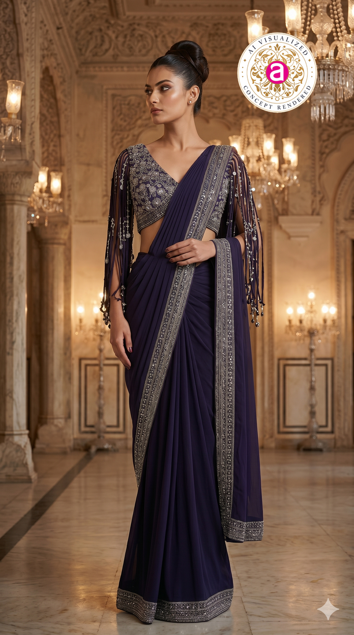 Midnight Purple Designer Saree with Embellished Fringe Blouse & Sequins Border