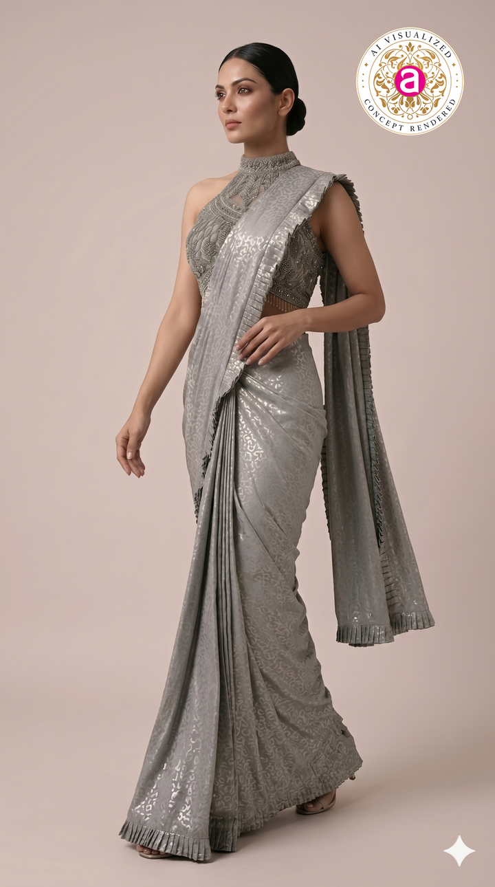 Steel Grey Ready to Wear Saree with Embellished Halter Blouse