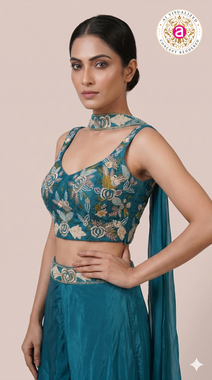 Teal Blue Embroidered Crop Top with Palazzo Pants & Cape Dupatta Set