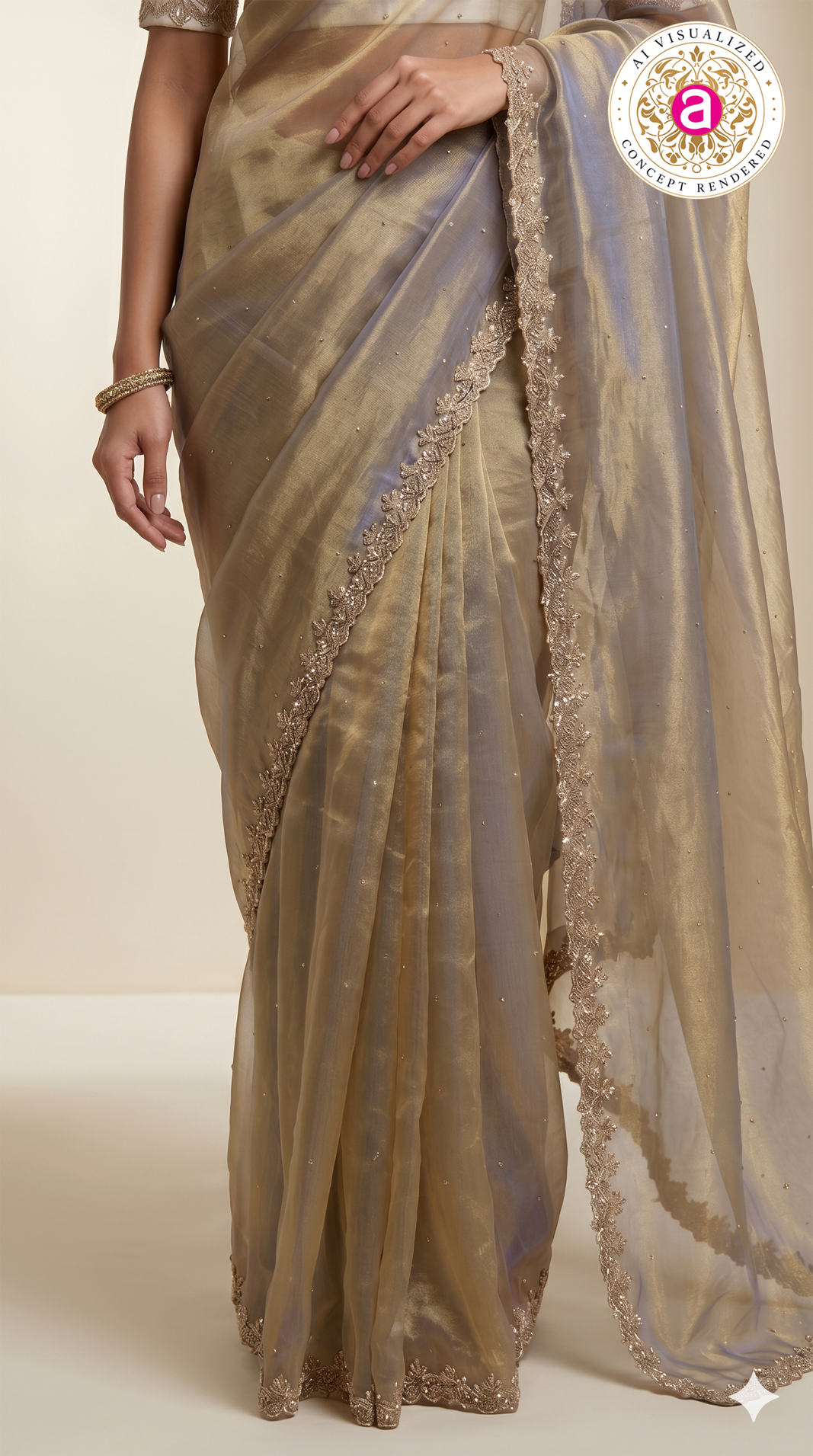 Champagne Grey Organza Saree with Hand Embroidered Border