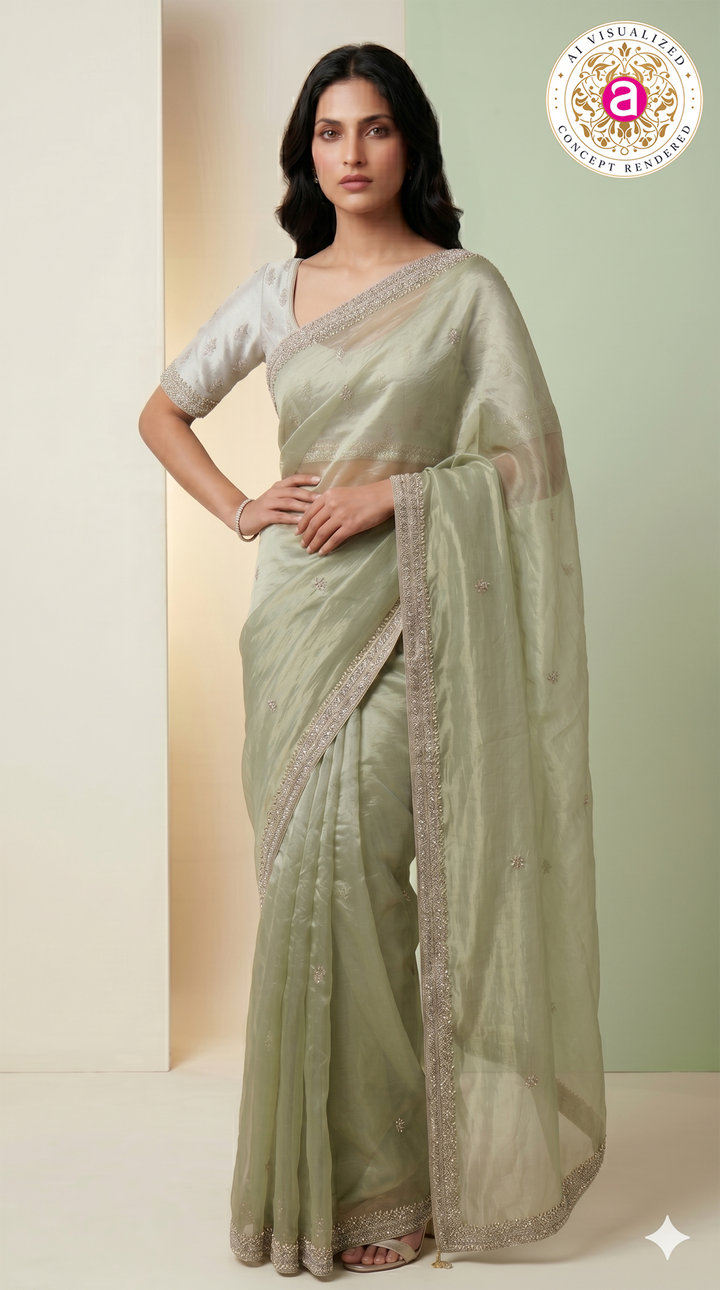 Sage Green Organza Silk Saree with Hand Embroidered Border