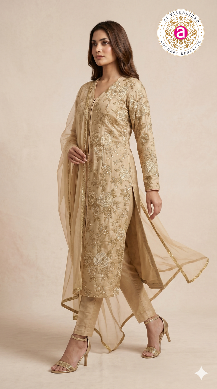 Champagne Beige Floral Embroidered Straight Kurta Set with Organza Dupatta