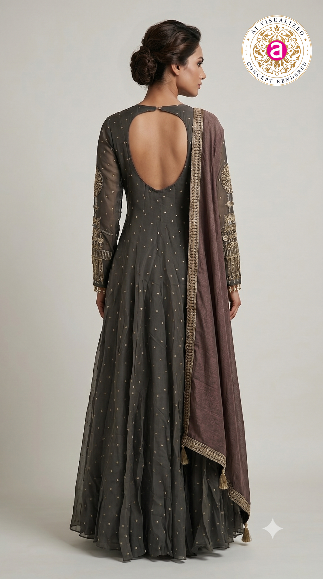 Charcoal Grey Embroidered Anarkali Suit Set with Wine Dupatta