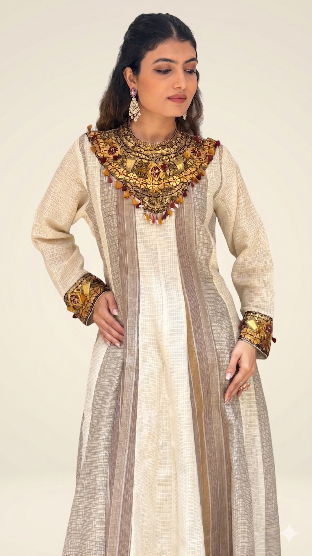Beige Handcrafted A-Line with Embellished Statement Yoke
