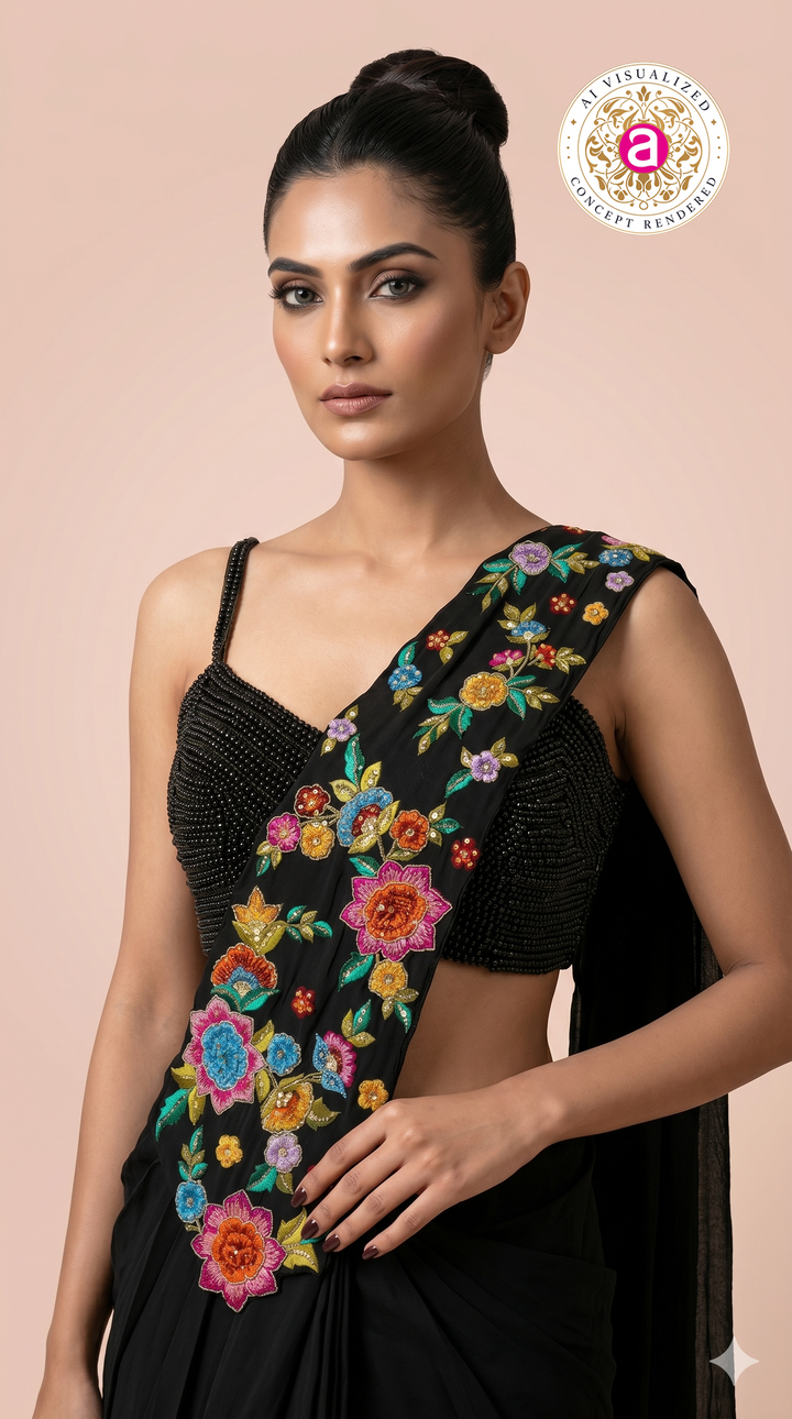 Black Ready to Wear Saree with Floral Embroidered Designer Border