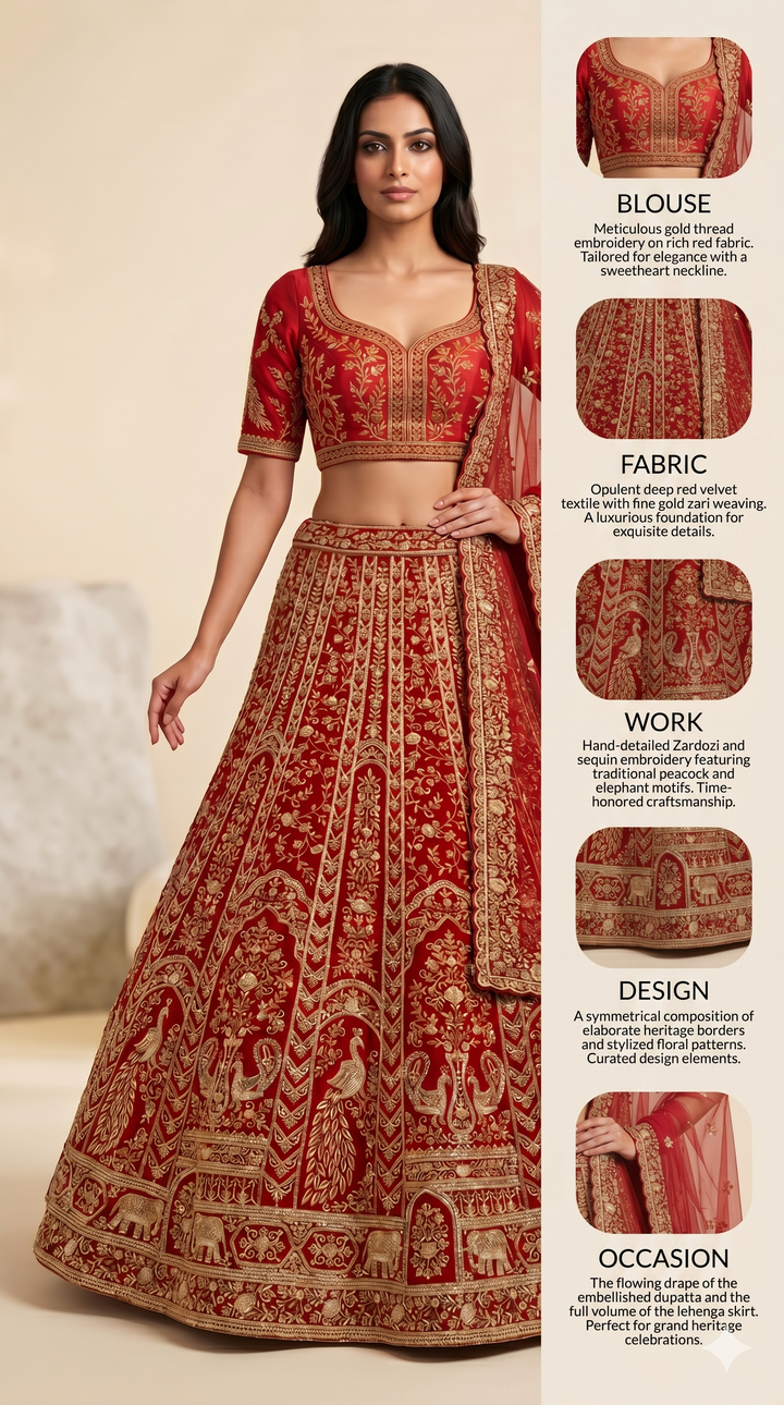 Royal Bridal Red Designer Lehenga Set with Heavy Zari Embroidery & Net Dupatta