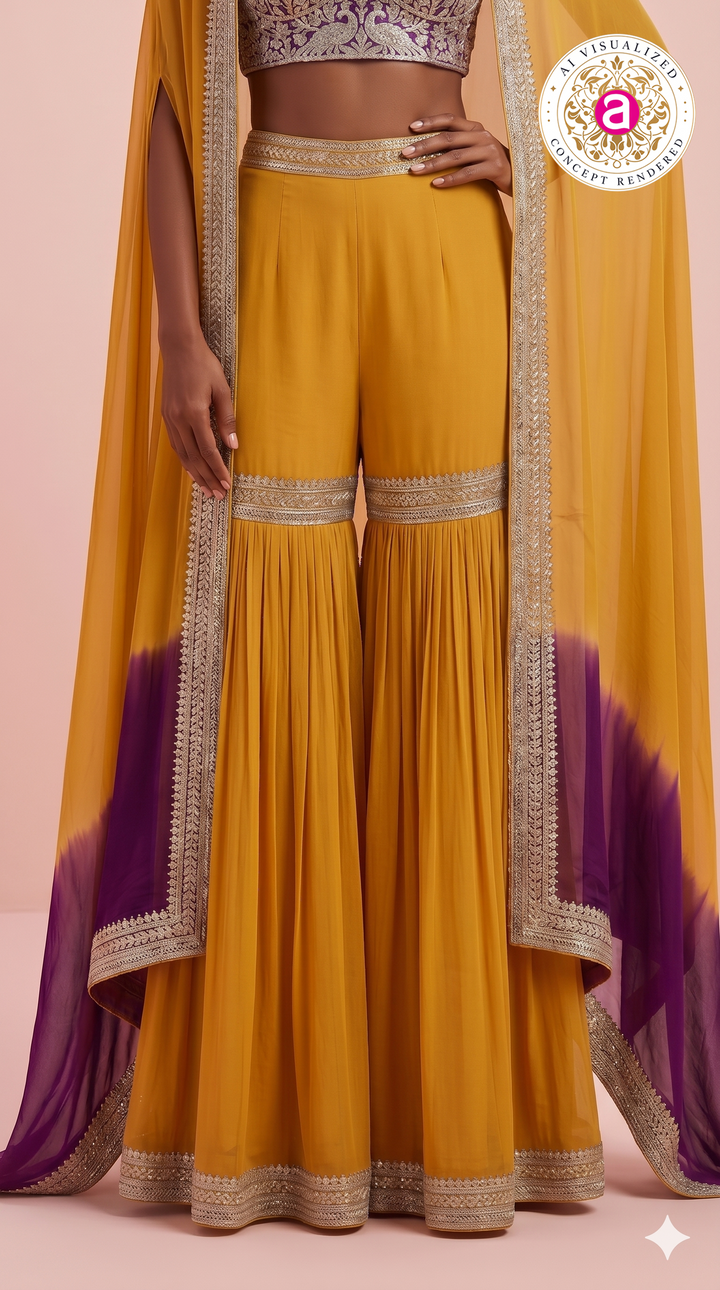 Mustard Yellow Indo-Western Sharara Set with Embroidered Cape Dupatta