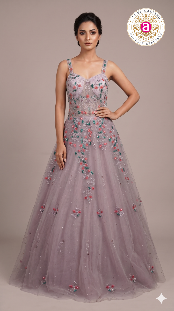 Dusty Lavender Floral Embroidered Ball Gown with Crystal Embellishments