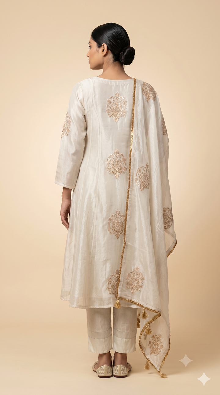 Ivory Embroidered Kurta Palazzo Set with Dupatta