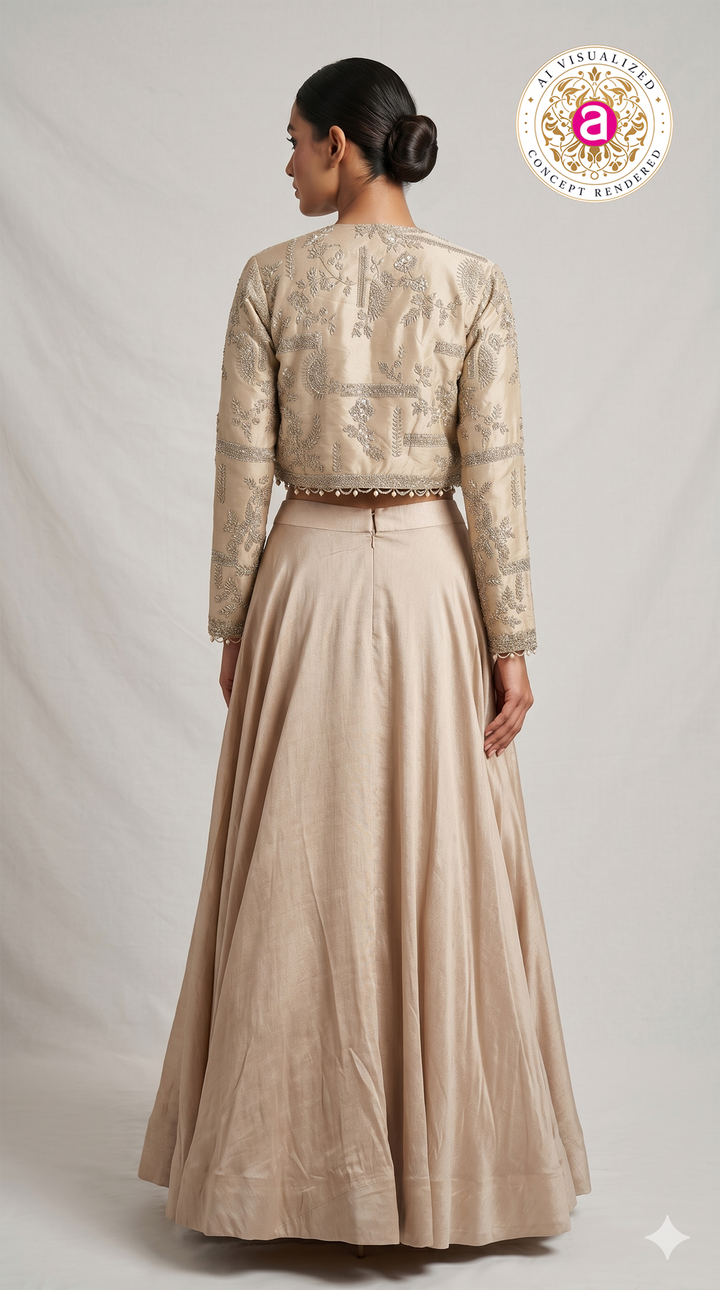 Champagne Beige Embroidered Lehenga Set with Jacket
