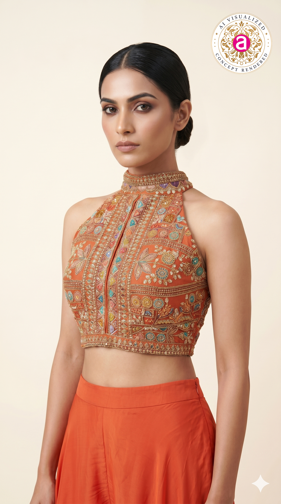 Orange Embroidered Halter Neck Palazzo Set