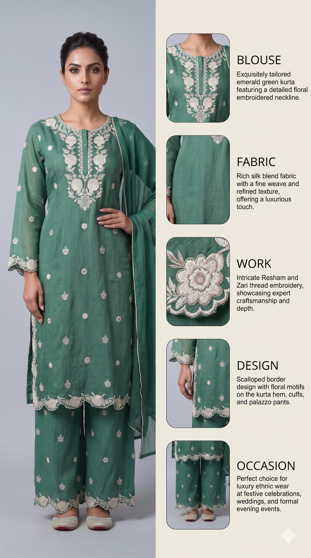 Sea Green Embroidered Kurta Palazzo Set with Dupatta