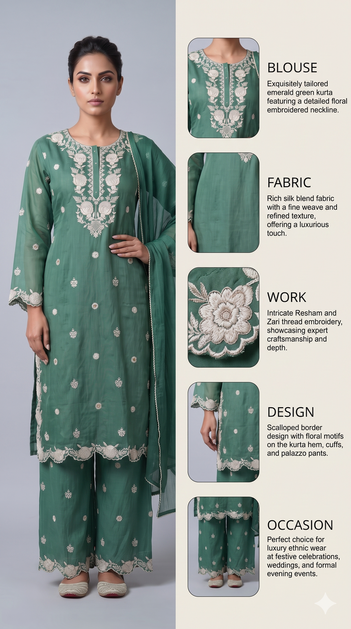 Sea Green Embroidered Kurta Palazzo Set with Dupatta