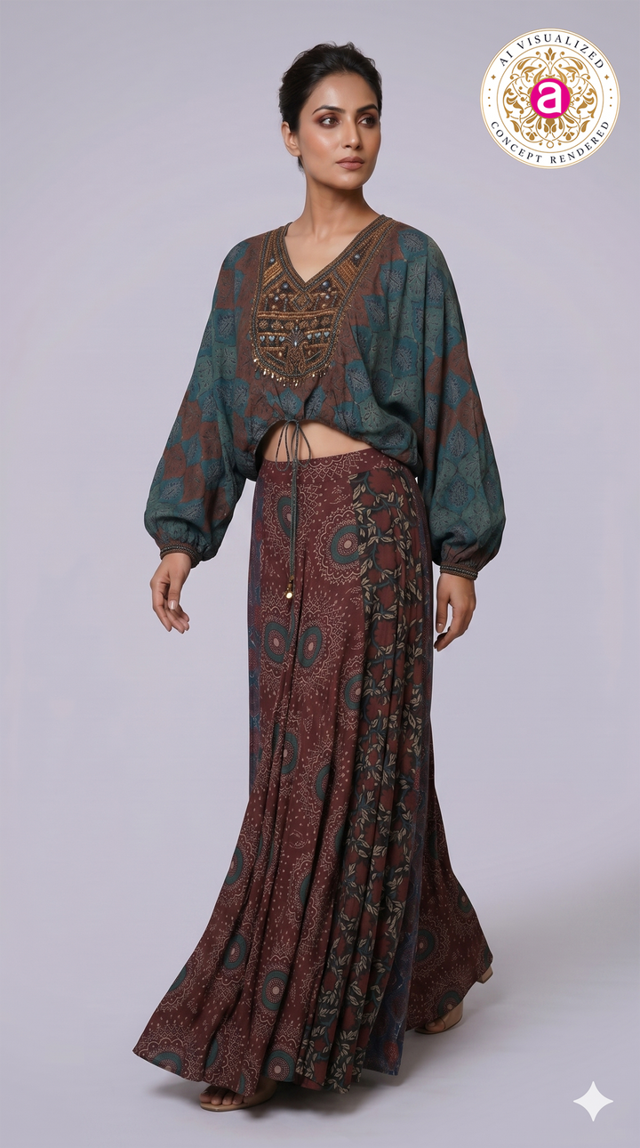 Bohemian Printed Co-Ord Set with Embellished Crop Top & Maxi Skirt