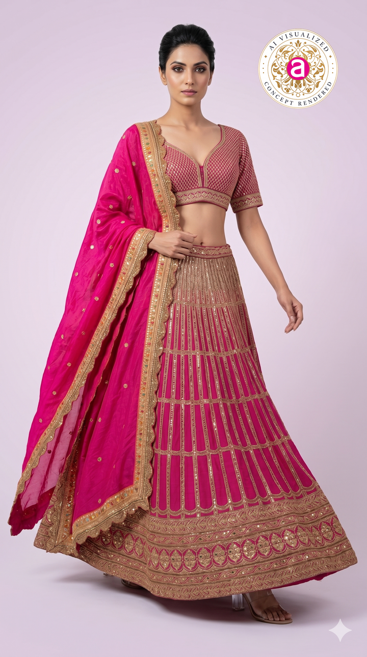 Rani Pink Embroidered Lehenga Choli with Zari Work & Dupatta
