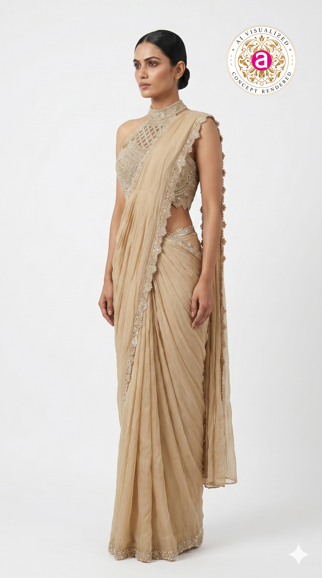 Champagne Beige Ready to Wear Saree with Embellished Halter Blouse