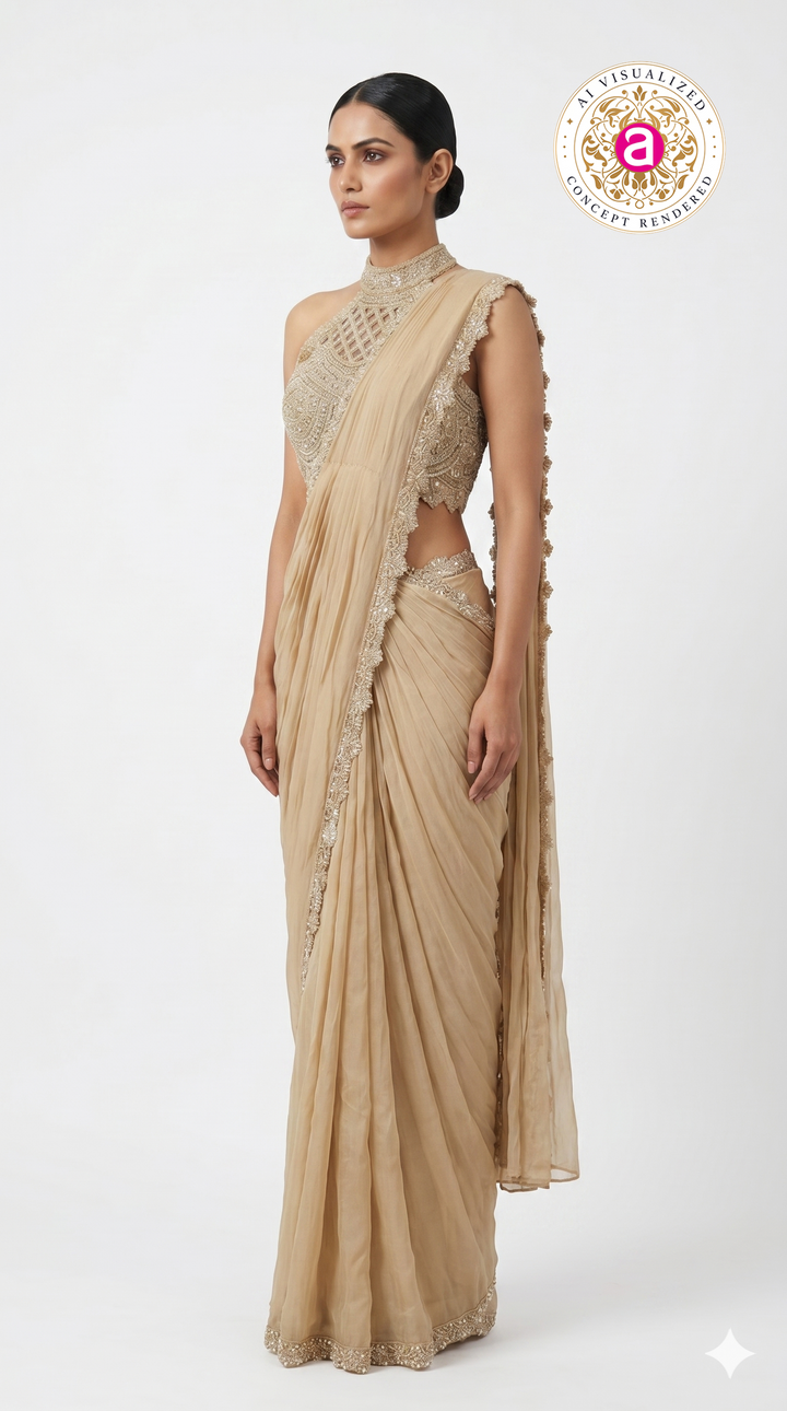 Champagne Beige Ready to Wear Saree with Embellished Halter Blouse