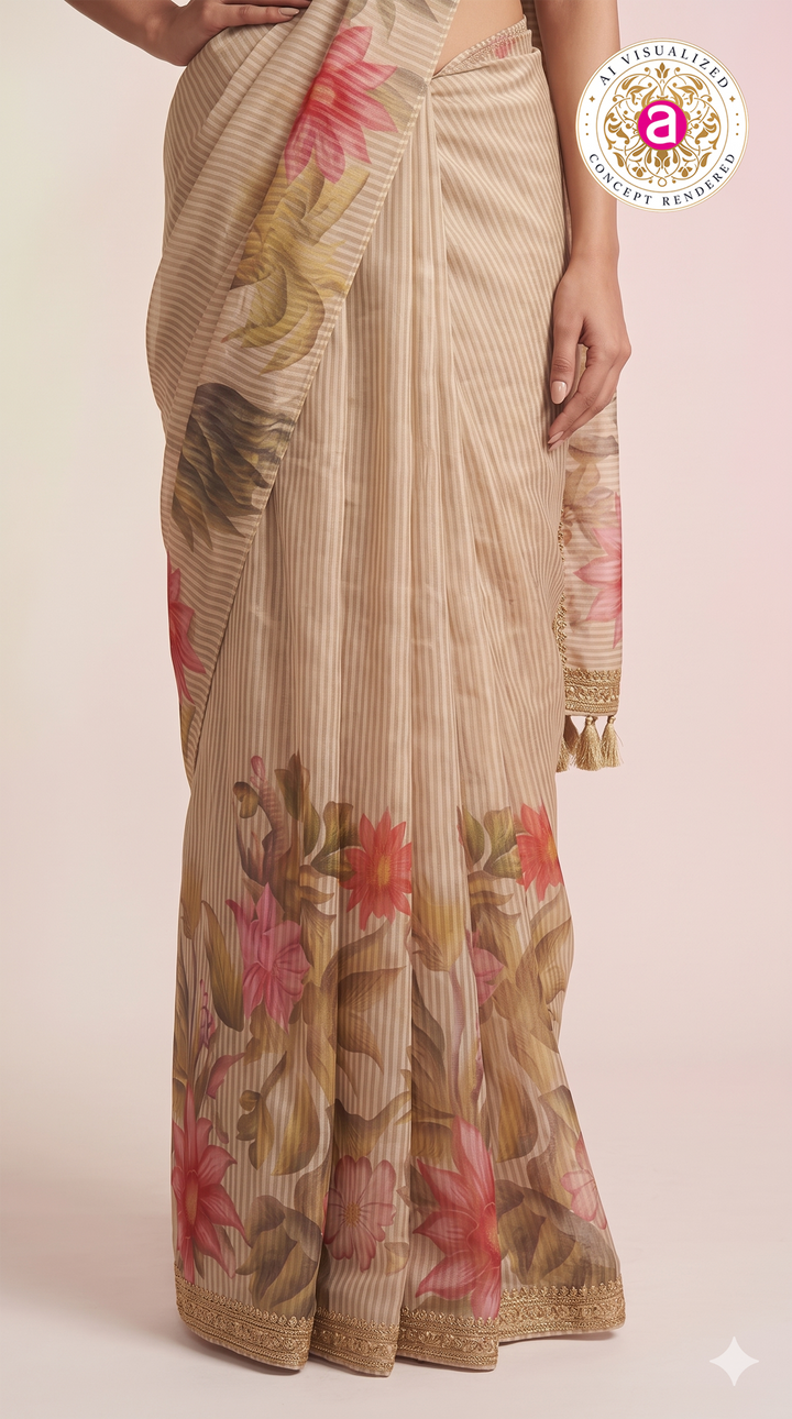 Beige Floral Ready-to-Wear Saree with Embroidered Blouse