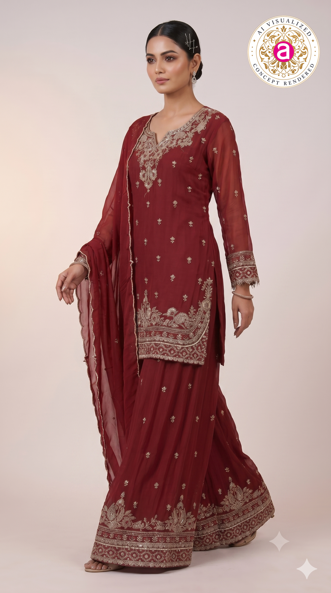 Wine Red Embroidered Kurta Sharara Set with Dupatta