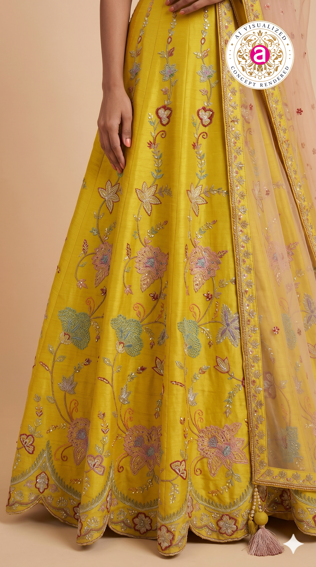 Mustard Yellow Floral Embroidered Designer Lehenga Choli with Net Dupatta